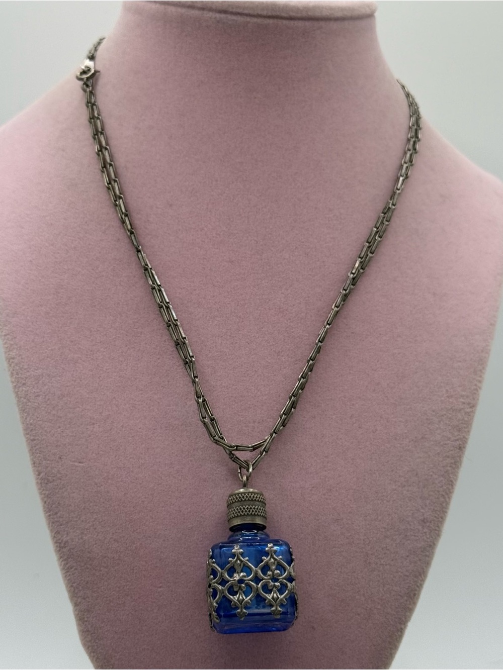1990s vintage France Blue Glass Perfume Bottle Necklace
